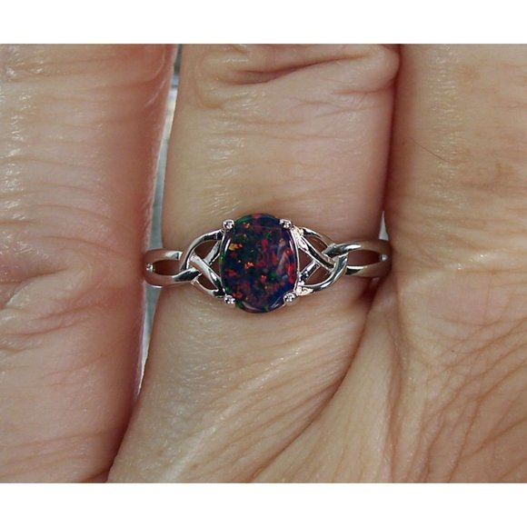 925 STERLING SILVER  Oval Lab Created Black Opal Ring - Picture 10 of 16